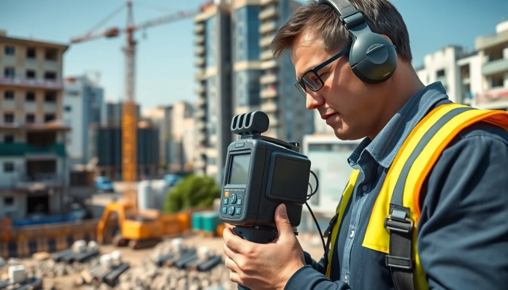 Conducting a noise impact assessment with sound measurement devices in an urban environment.