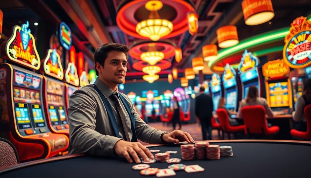Engaging scene showcasing Nhà Cái NEW88 with gamblers at colorful gaming tables in a lively casino.