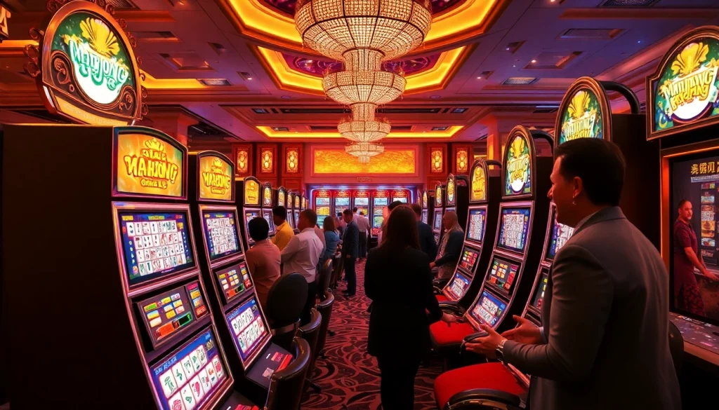 Menangkan permainan mahjong slot dengan slot machine yang bersinar di latar kasino.