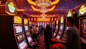 Menangkan permainan mahjong slot dengan slot machine yang bersinar di latar kasino.