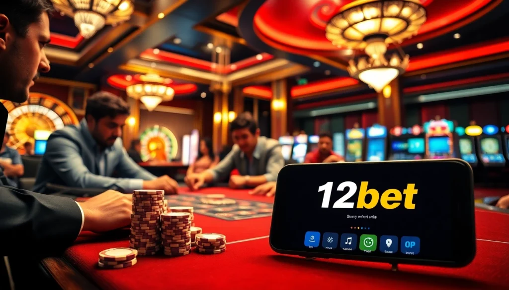 Players enjoying high-stakes poker at 12bet in a luxurious casino atmosphere.