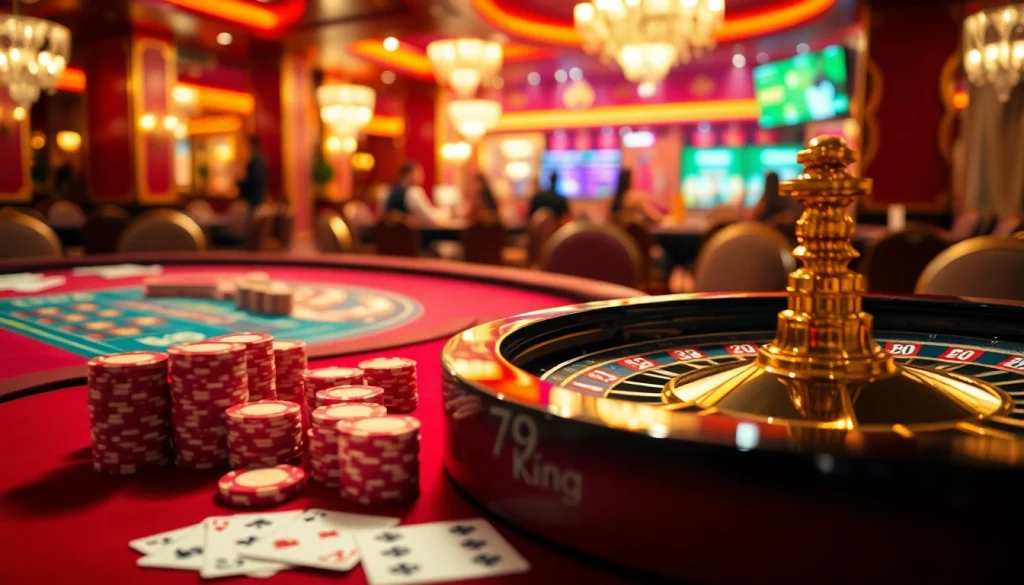 Experience the vibrant atmosphere of luxury gambling with 79king.com casino visuals featuring poker chips and cards.