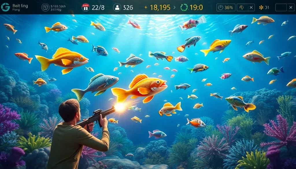 Bắn cá đổi thưởng gameplay with vibrant underwater visuals and players shooting colorful fish.