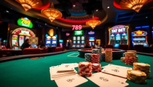 Winning at 789 bet, a vibrant casino scene featuring poker, roulette, and energetic players.