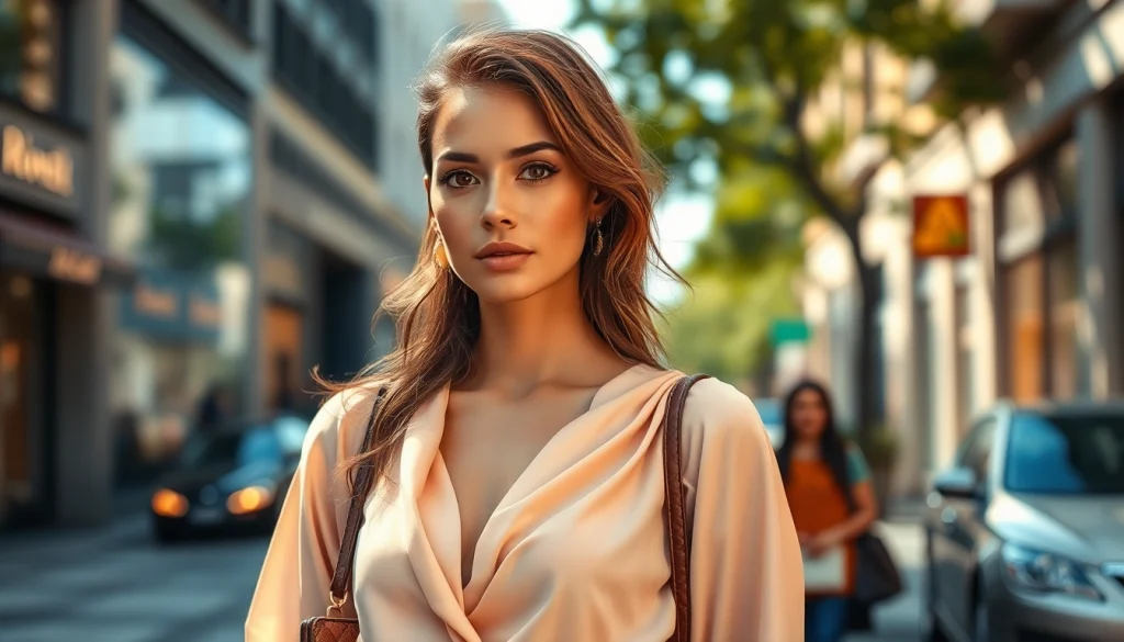 Showcasing Rivelle's elegant fashion in an urban setting with stylish accessories and vibrant atmosphere.