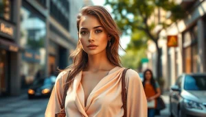 Showcasing Rivelle's elegant fashion in an urban setting with stylish accessories and vibrant atmosphere.