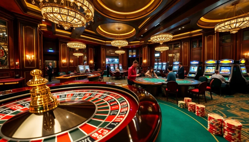 Engaging poker players at a vibrant gaming area inspired by https://topclub.space/ with luxurious decor and roulette.