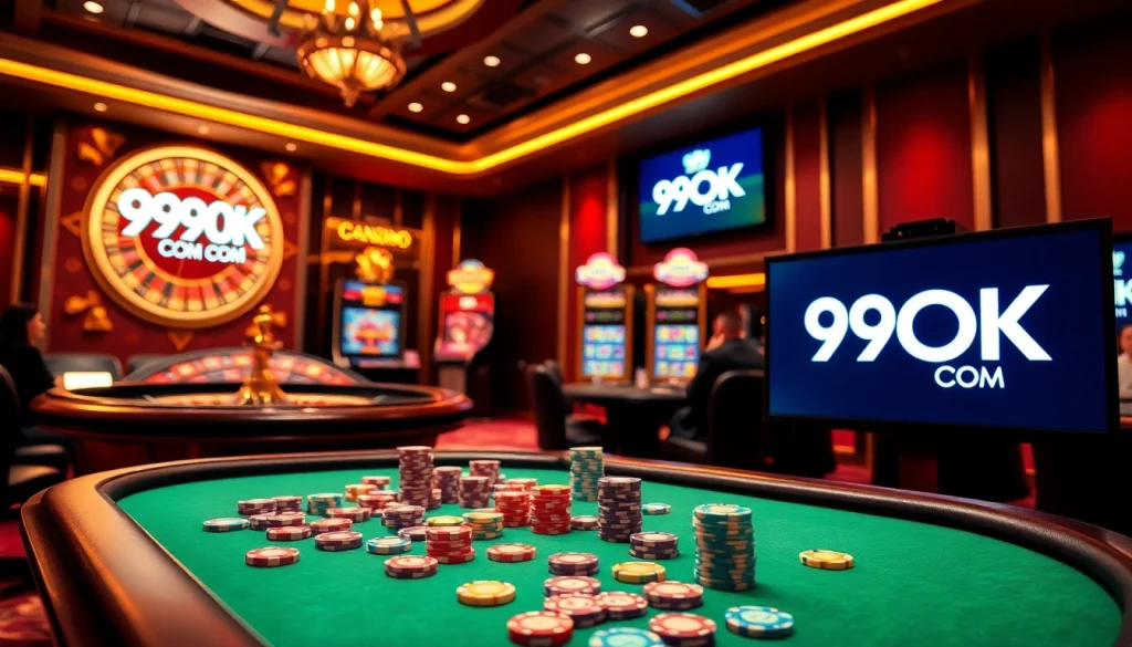 Experience the thrill at 99OK COM with vibrant poker tables and roulette wheels in a luxurious casino atmosphere.