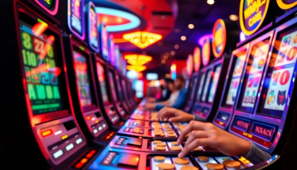 Putar slot bet kecil dengan semangat di kasino yang cerah dan meriah.