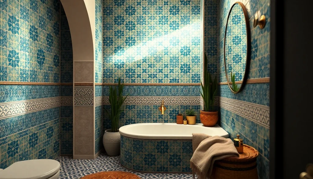 Salle de bains marocaine élégante ornée de carreaux zellige vibrants dans des tons bleu et vert, présentant des motifs complexes.