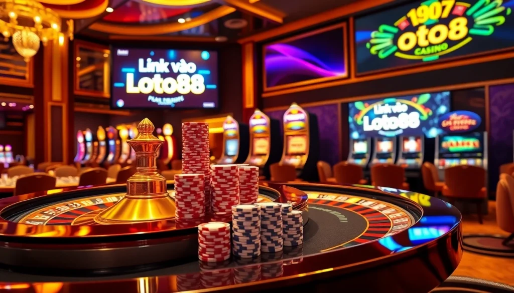 Link Vào Loto188 with vibrant casino elements showcasing poker chips and roulette.