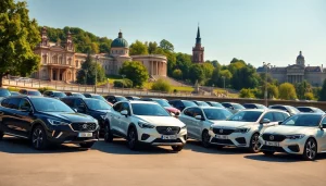 Rent a car Moldova scene with diverse vehicles against Chișinău landmarks.