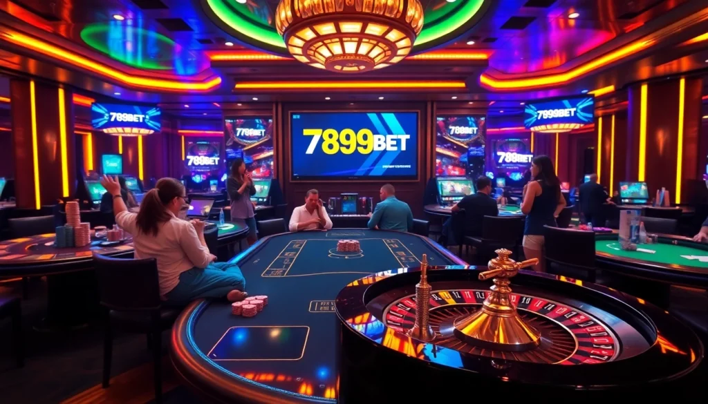 Experience the excitement of 789BET đăng nhập with vibrant casino tables and players betting.