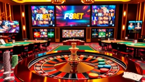 Exciting F8BET online casino scene showcasing roulette, poker, and vibrant gaming atmosphere.