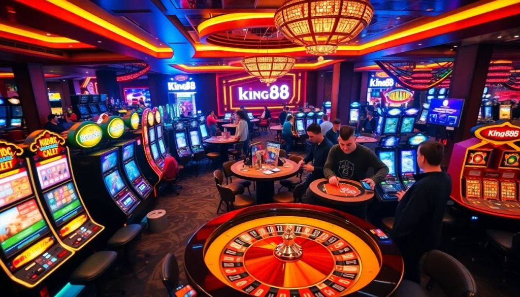 Players enjoy their favorite games at king88 com, featuring vibrant slot machines and poker tables.