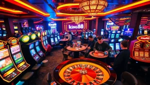 Players enjoy their favorite games at king88 com, featuring vibrant slot machines and poker tables.