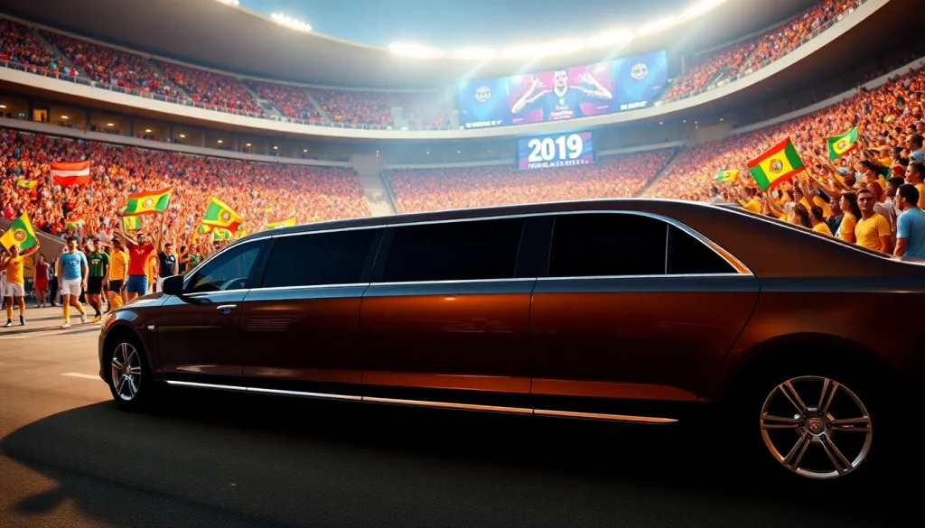 World Cup Group Transportation with a luxurious limousine in front of a vibrant stadium filled with excited fans.