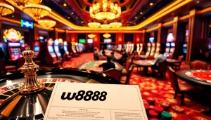 Players enjoying intense gaming moments with w88 branding at a vibrant casino.