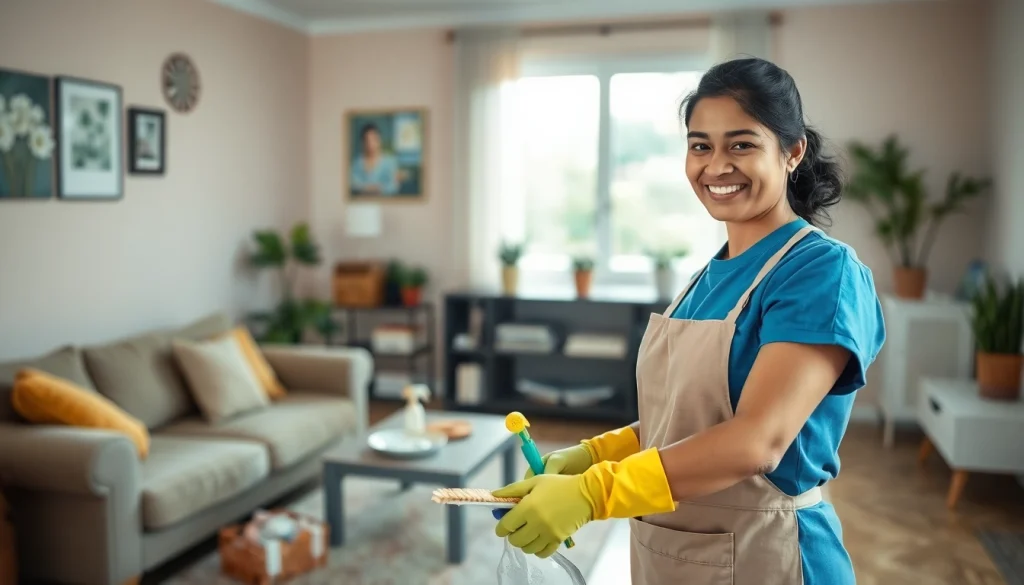 Indian maid from Mizoram happily organizing a bright home, showcasing warmth and care.