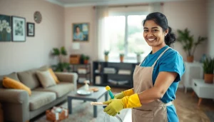 Indian maid from Mizoram happily organizing a bright home, showcasing warmth and care.