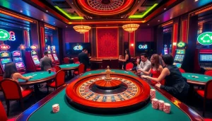 Exciting Go8 casino atmosphere with roulette wheel and glamorous players.