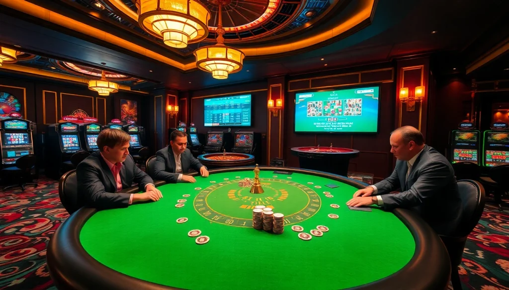 Engaged players at a thabet high-stakes poker table in a luxurious casino setting.