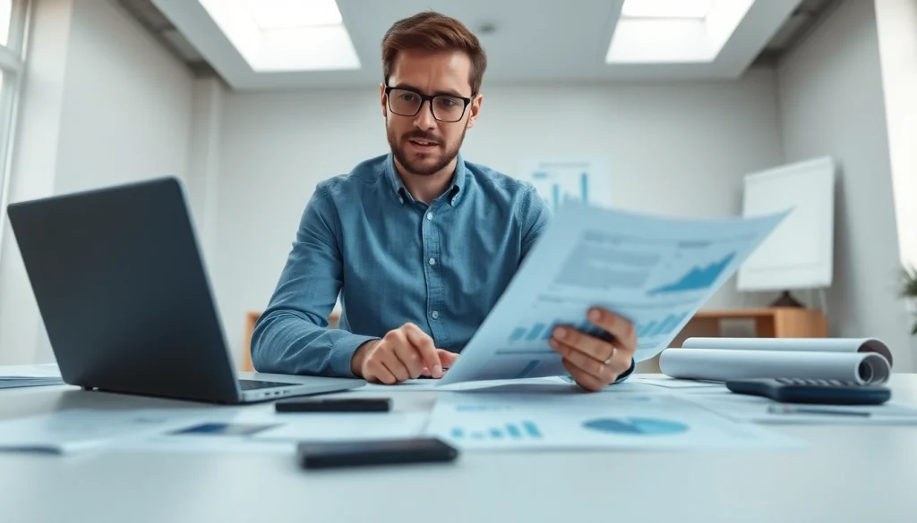 Księgowość dla firmy budowlanej: księgowy w nowoczesnym biurze analizujący wskaźniki finansowe projektów budowlanych.