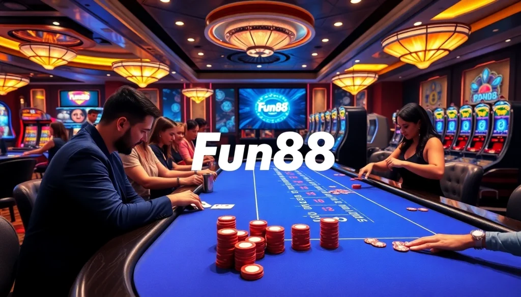 Enjoy exciting gameplay at Fun88 casino with vibrant tables, chips, and engaging players.
