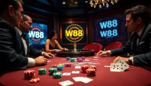 Cảnh chơi bài poker căng thẳng phản ánh sự phấn khích của W88 Link với màu sắc sống động và bầu không khí sang trọng.