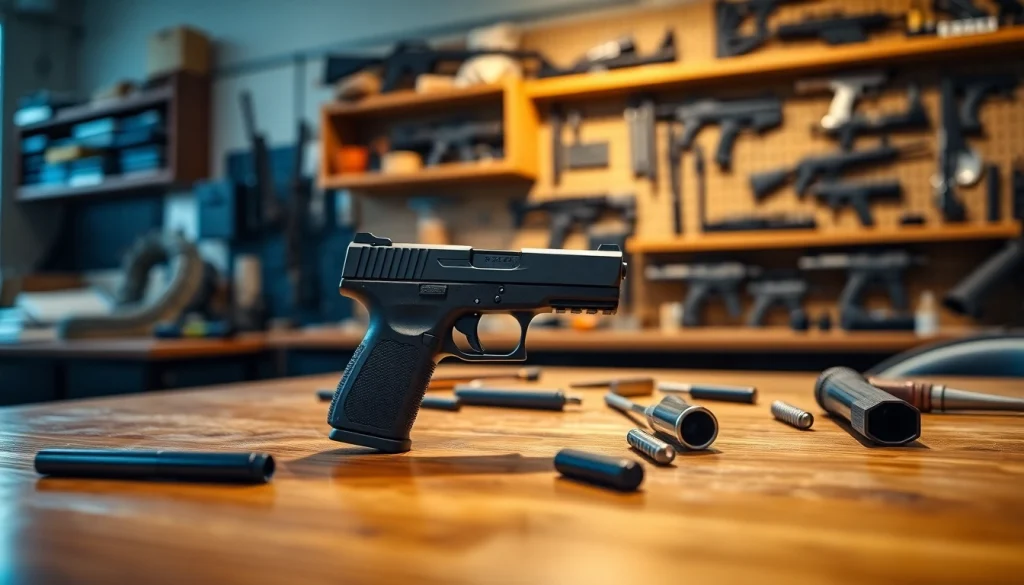 Showcasing a polymer-80 handgun prominently on a polished table, emphasizing quality craftsmanship and assembly.