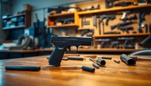 Showcasing a polymer-80 handgun prominently on a polished table, emphasizing quality craftsmanship and assembly.