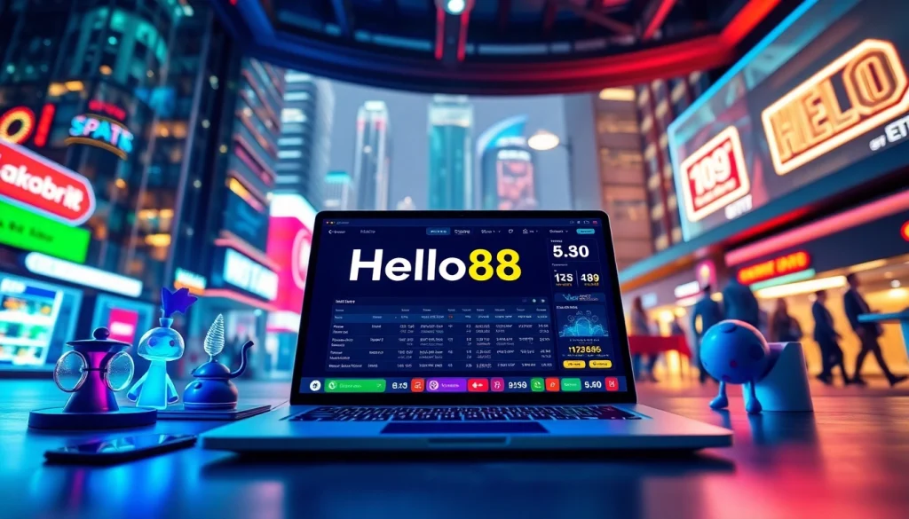 Hello88 online gaming interface depicting engaging betting opportunities in a vibrant urban setting.