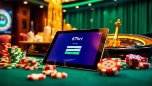 67bet Login interface on a tablet surrounded by casino elements, signaling premium online gaming.