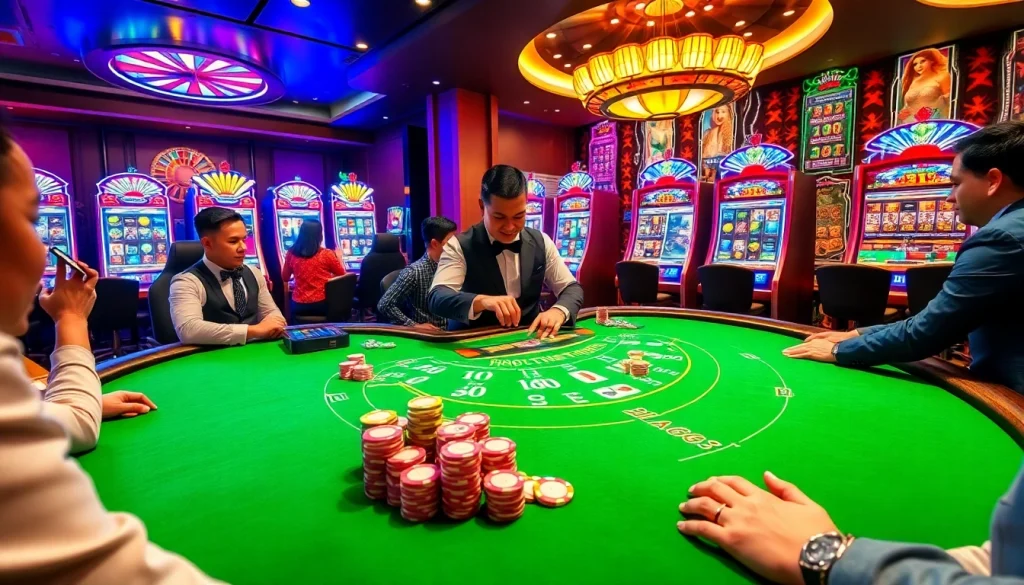 Experience thrilling gameplay at XX88's luxurious casino tables with vibrant chips and poised croupiers.