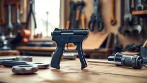 Discover the sleek design of a super safety trigger for sale prominently featured on a workbench.