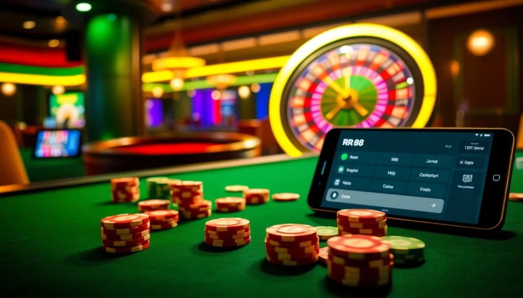 Experience the thrill of online gambling at RR 88 with vibrant casino elements and luxury.
