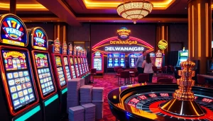 Mesin slot Dewanaga89 bersinar di kasino mewah, menampilkan permainan yang mendebarkan.