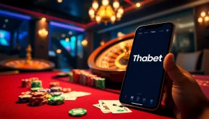 Players enjoying a winning hand at Thabet's luxurious casino table filled with poker chips and cards.