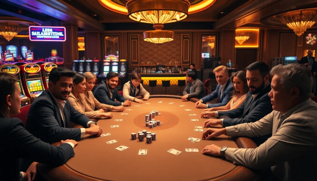 Experience the excitement of BL555 with players at a poker table in a vibrant casino atmosphere.