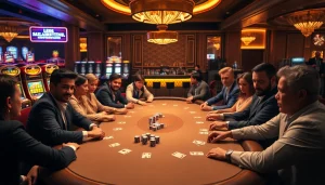 Experience the excitement of BL555 with players at a poker table in a vibrant casino atmosphere.