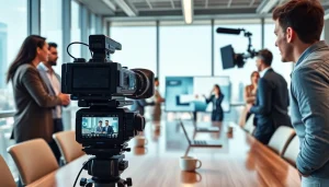 Capture dynamic corporate video production with a professional team in action during a business presentation.