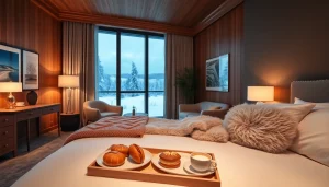 Luxury hotel in Sweden showcasing modern design with a cozy atmosphere and a view of snowy landscapes.