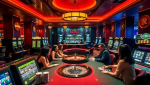 Nohu-themed casino scene featuring thrilling poker tables and vibrant slot machines.