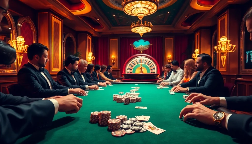 Experience the thrill of AF88 COM at a luxurious poker table with players and chips.