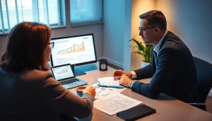 Financial advisor discussing SMSF tax return with a client in a professional office.