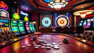 Experience the thrill of i9bet at an elegant casino table with poker chips, cards, and a spinning roulette wheel.
