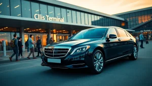 Book an airport black car service outside a busy terminal with professional chauffeurs ready.
