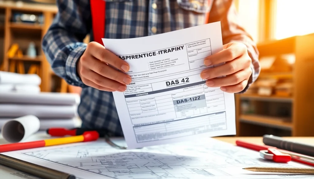 DAS 142 form being reviewed by a contractor amidst construction plans and tools.