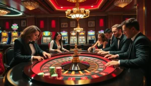 Hi88 customers enjoying high-stakes gambling at a luxurious casino table with roulette and chips.