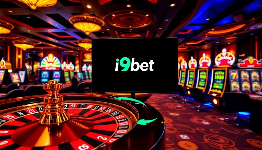 I9bet casino scene showcasing roulette, poker chips, and dynamic slot machines in a luxurious ambiance.